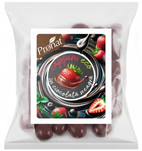 Capsuni glazurate in ciocolata neagra, eco-bio, 50 g, Pronat