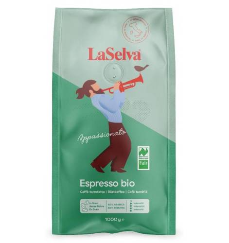 Cafea espresso Appassionato boabe, 60 % Arabica – 40 % Robusta, eco-bio si  fairtrade, 1000 g, Laselva