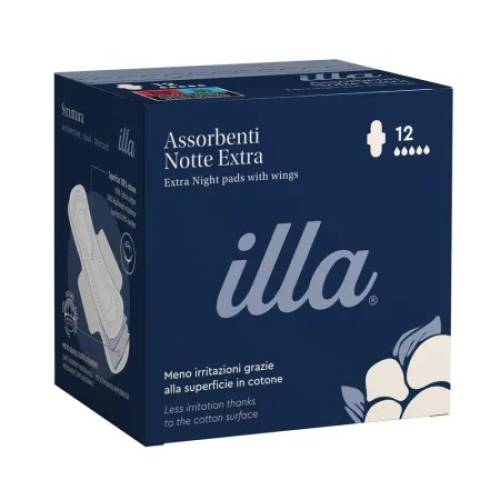 Absorbante bumbac noapte extra, 5 picaturi Illa, 12 bucati