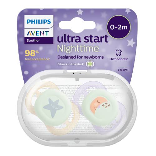 Suzete Ultra Start de noapte, Mov/Portocaliu, SCF075/07, 0-2 luni, 2 bucati, Philips Avent