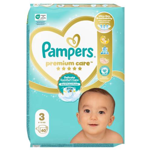 Scutece Premium Care Marimea 3 pentru 6-10 kg, 40 bucati, Pampers